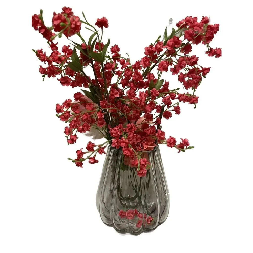 Elegant Large Clear Glass Ribbed Vase - Home Accents (8”H - 7” W) W/Faux Flowers